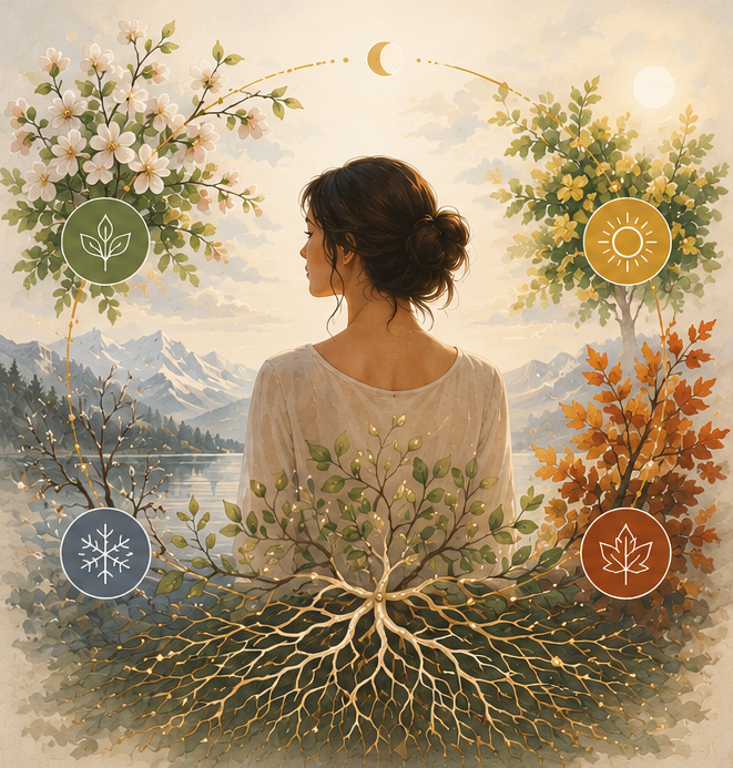 Illustration of a woman surrounded by a seasonal cycle and interconnected botanical elements representing menstrual-cycle awareness and Whole Life Synergy.